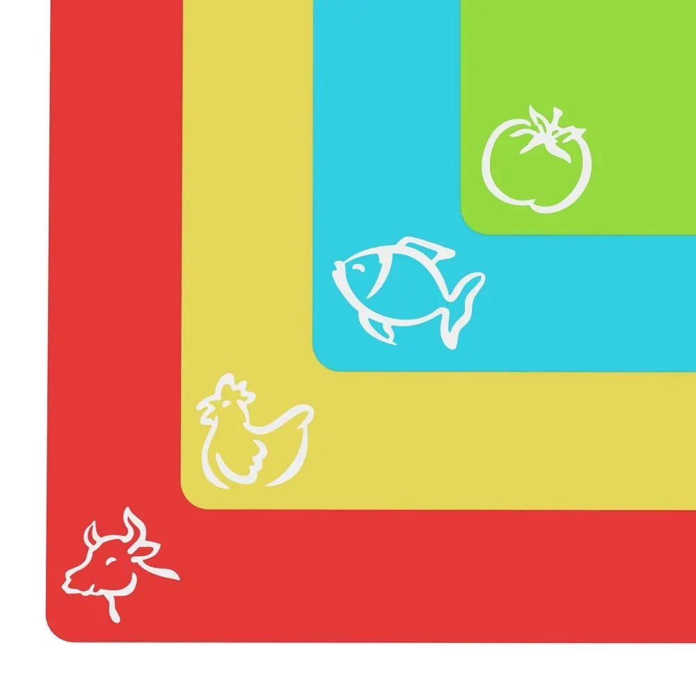 Cutting Boards, Multicolor displaying various images for Food Safety i.e. fish, vegatables, beef & Chicken. front upclose
