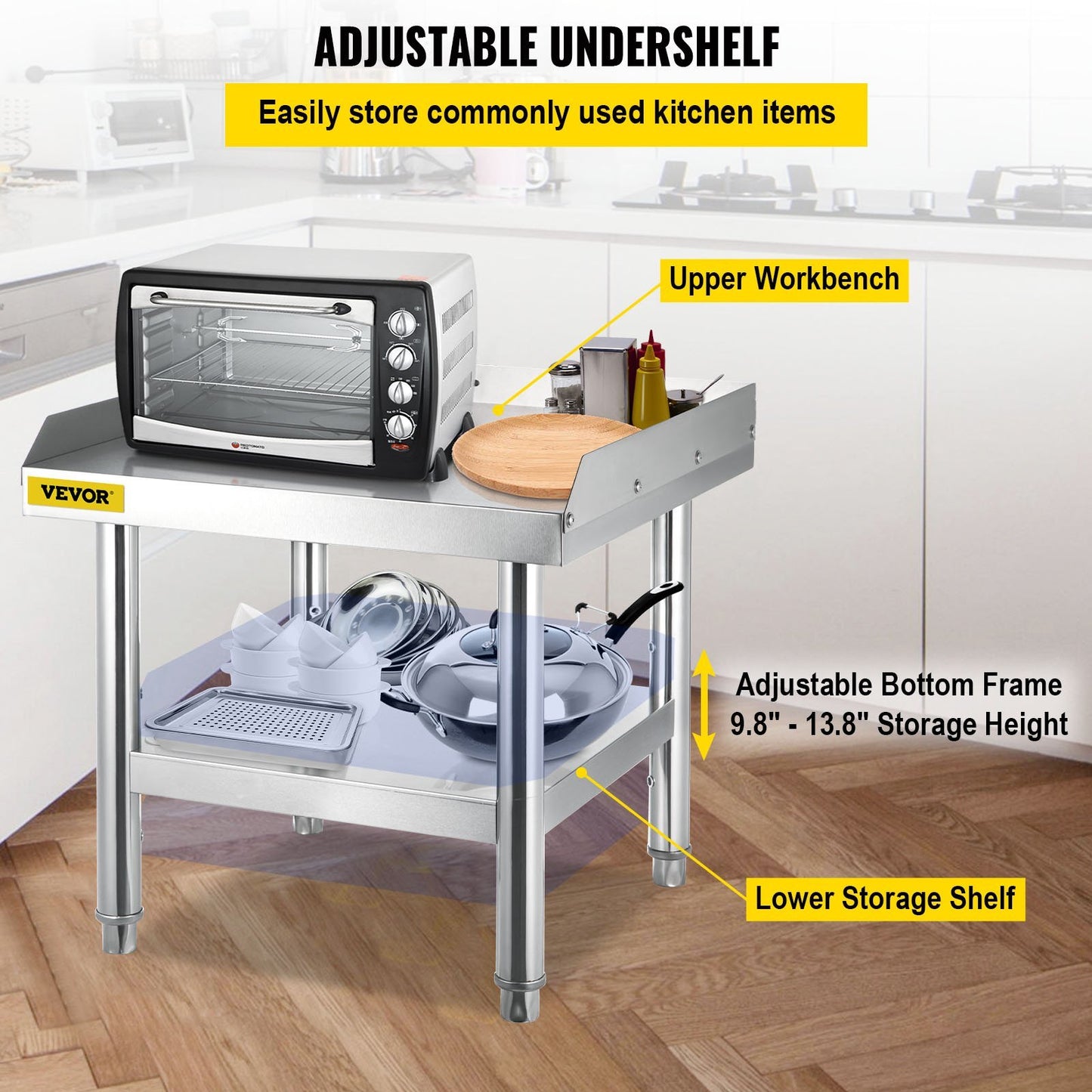 "VEVOR's 24x24x24 Inch Stainless Steel Grill Stand: Versatile Equipment Table with Adjustable Undershelf for Home, Hotel, and Restaurant Kitchens"