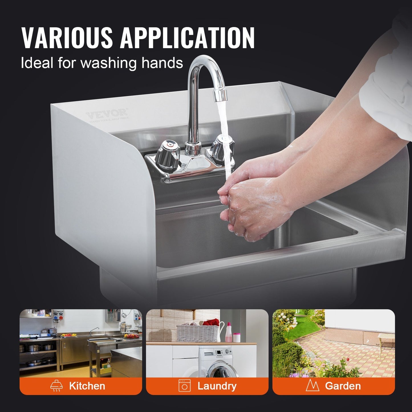 VEVOR Commercial Hand Sink with Faucet and Side Splash, NSF Stainless Steel Sink for Washing, Small Hand Washing Sink, Wall Mount Hand Basin for Restaurant, Kitchen, Bar, Garage and Home
