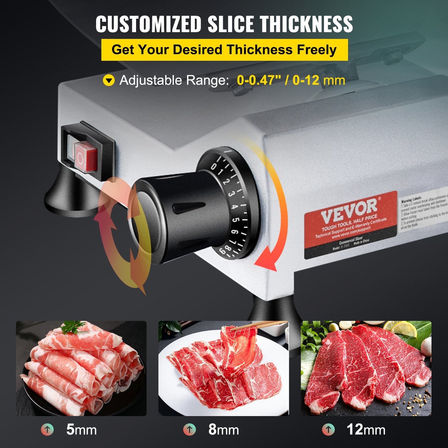 "VEVOR Commercial Meat Slicer: 240W Electric Deli Food Slicer with 10-Inch Carbon Steel Blade, 350-400RPM, and Adjustable Thickness (0 - 0.47 Inch) for Versatile Use in Commercial and Home Kitchens"