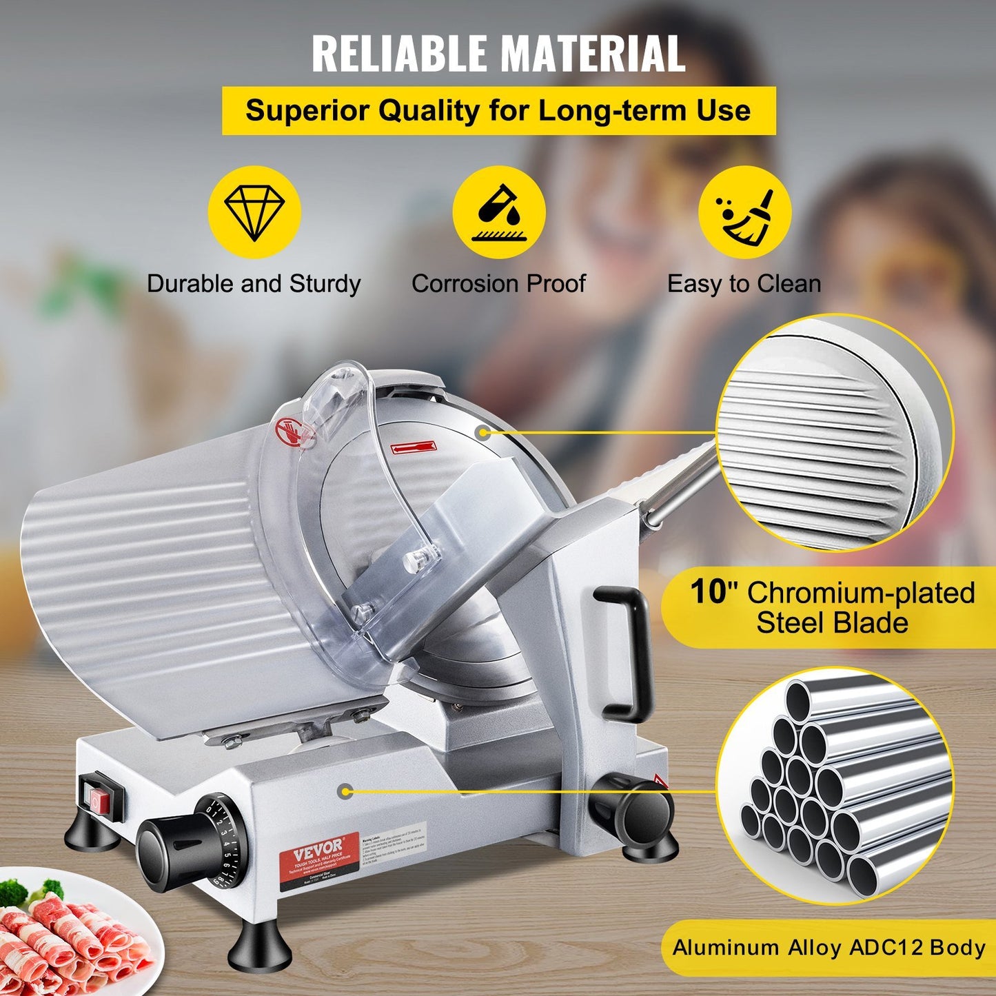 "VEVOR Commercial Meat Slicer: 240W Electric Deli Food Slicer with 10-Inch Carbon Steel Blade, 350-400RPM, and Adjustable Thickness (0 - 0.47 Inch) for Versatile Use in Commercial and Home Kitchens"