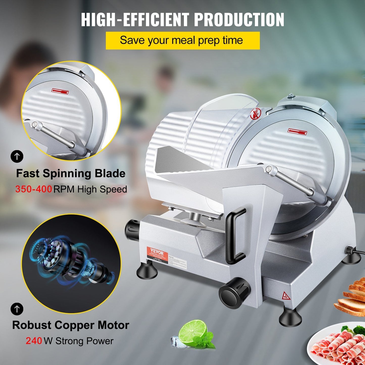 "VEVOR Commercial Meat Slicer: 240W Electric Deli Food Slicer with 10-Inch Carbon Steel Blade, 350-400RPM, and Adjustable Thickness (0 - 0.47 Inch) for Versatile Use in Commercial and Home Kitchens"