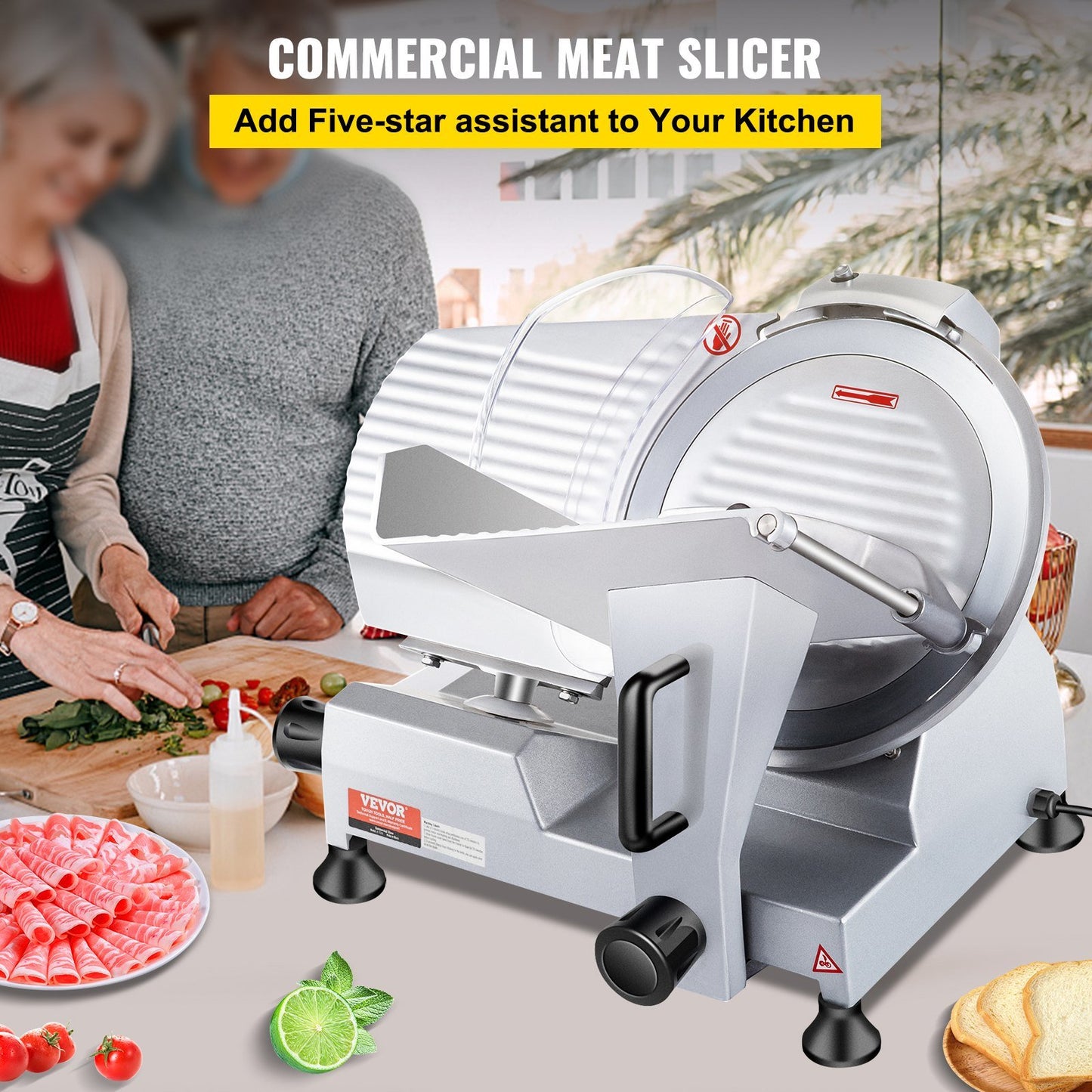 "VEVOR Commercial Meat Slicer: 240W Electric Deli Food Slicer with 10-Inch Carbon Steel Blade, 350-400RPM, and Adjustable Thickness (0 - 0.47 Inch) for Versatile Use in Commercial and Home Kitchens"