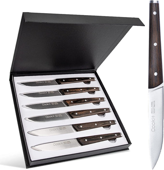 Steak Knife - 6pc Set, Serrated Stainless-Steel Utility with Wooden Handle for Home or Restaurant.
