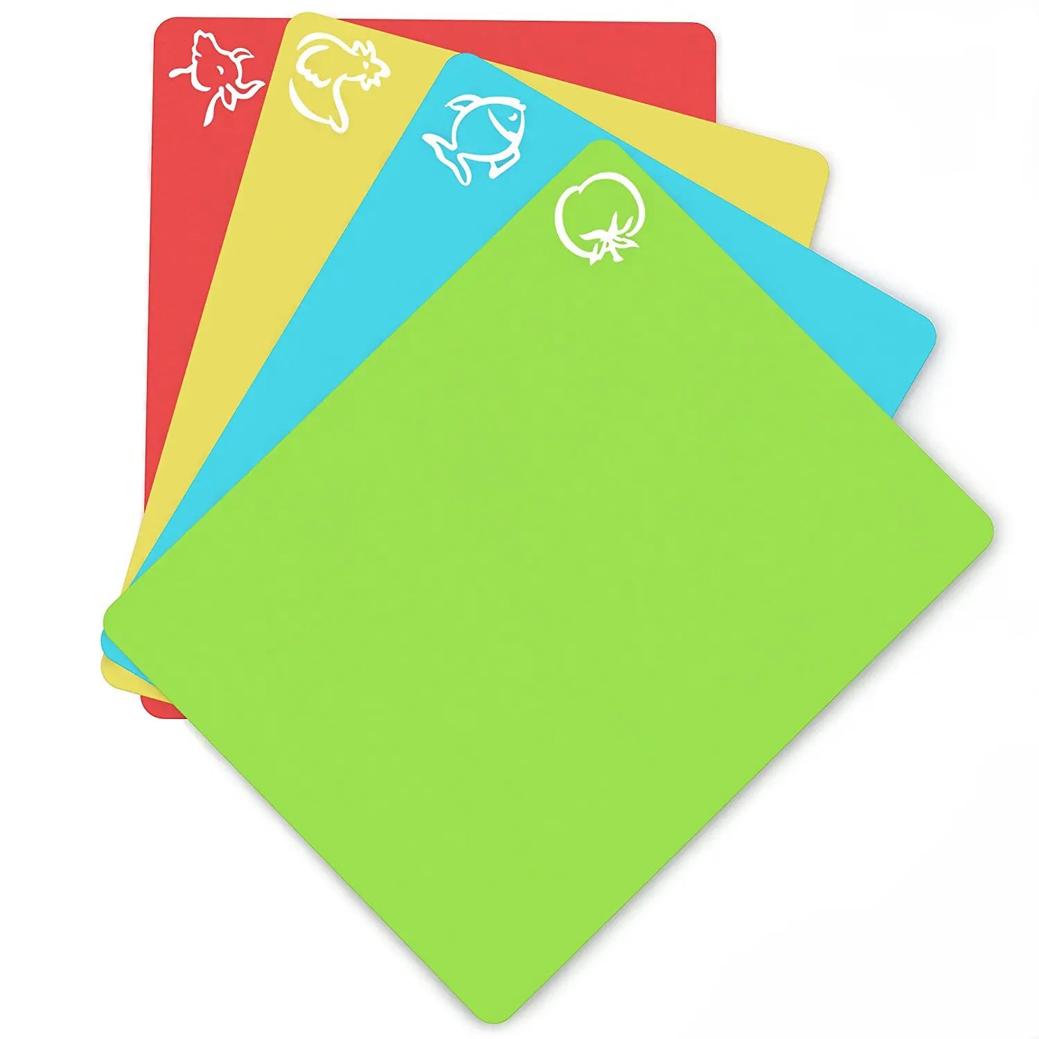 Flexible & Non-Slip Cutting Boards. Multi-color.  Icons displayed for Fish, Chicken, Beef & Vegetables.  Food Safe. Front