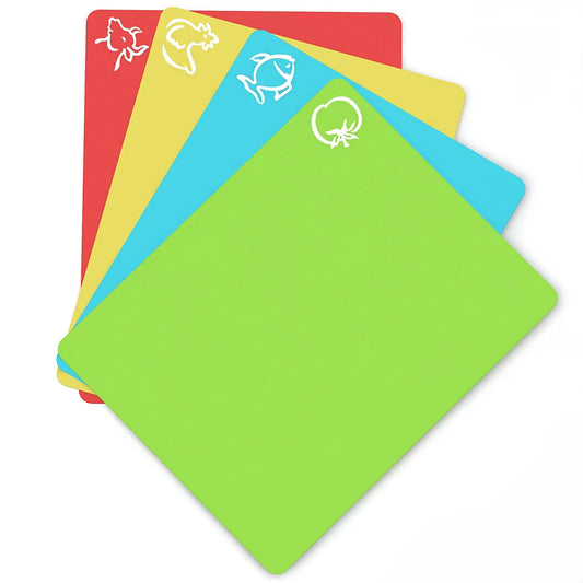 Flexible & Non-Slip Cutting Boards. Multi-color.  Icons displayed for Fish, Chicken, Beef & Vegetables.  Food Safe. Front