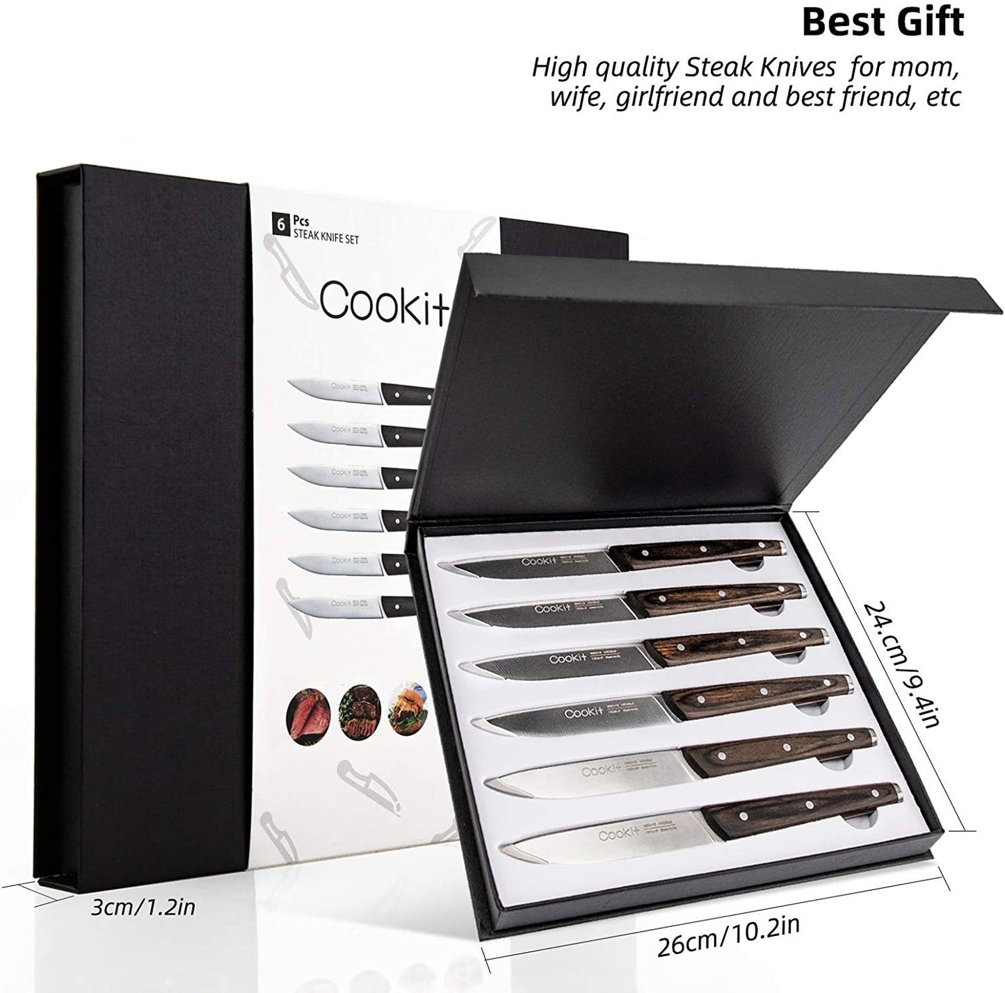 Steak Knife - 6pc Set, Serrated Stainless-Steel Utility with Wooden Handle for Home or Restaurant.