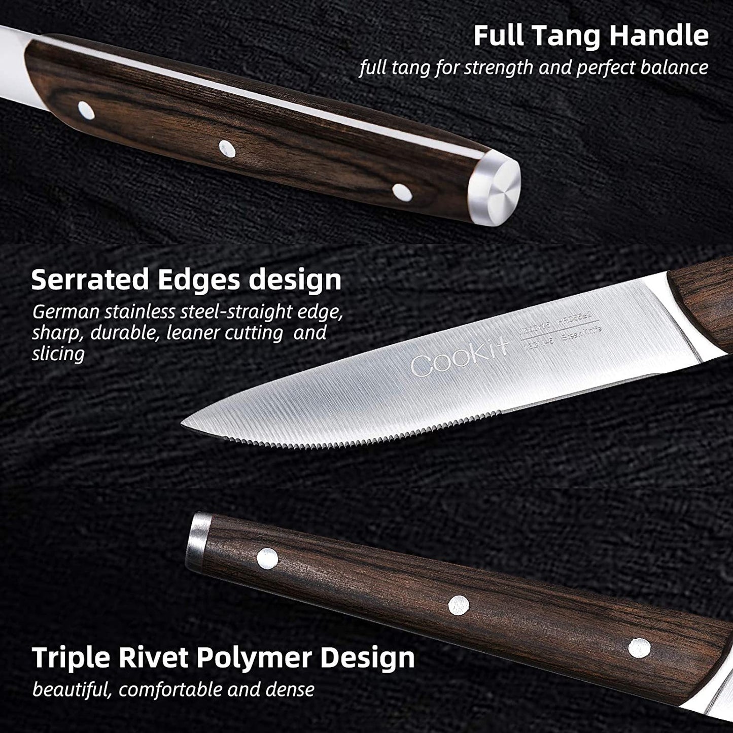 Steak Knife - 6pc Set, Serrated Stainless-Steel Utility with Wooden Handle for Home or Restaurant.