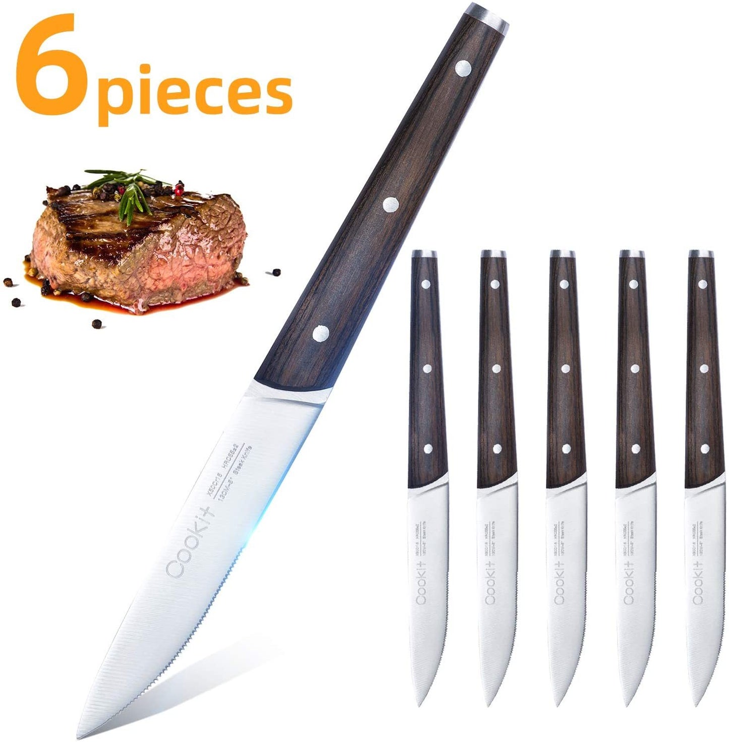 Steak Knife - 6pc Set, Serrated Stainless-Steel Utility with Wooden Handle for Home or Restaurant.