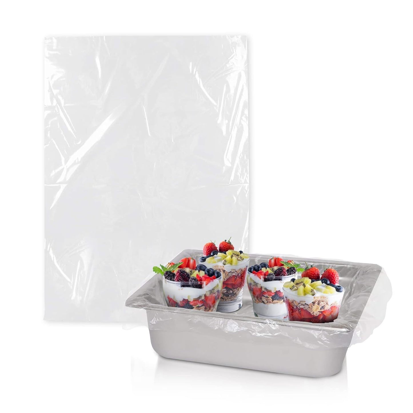 "Pack of 250 Disposable Polyethylene Steam Table Pan Liners with Twist Tie - 24x17 Inches for 1/2 Size Pans: The Ideal Solution for Caterers, Cafeterias, and Restaurants"