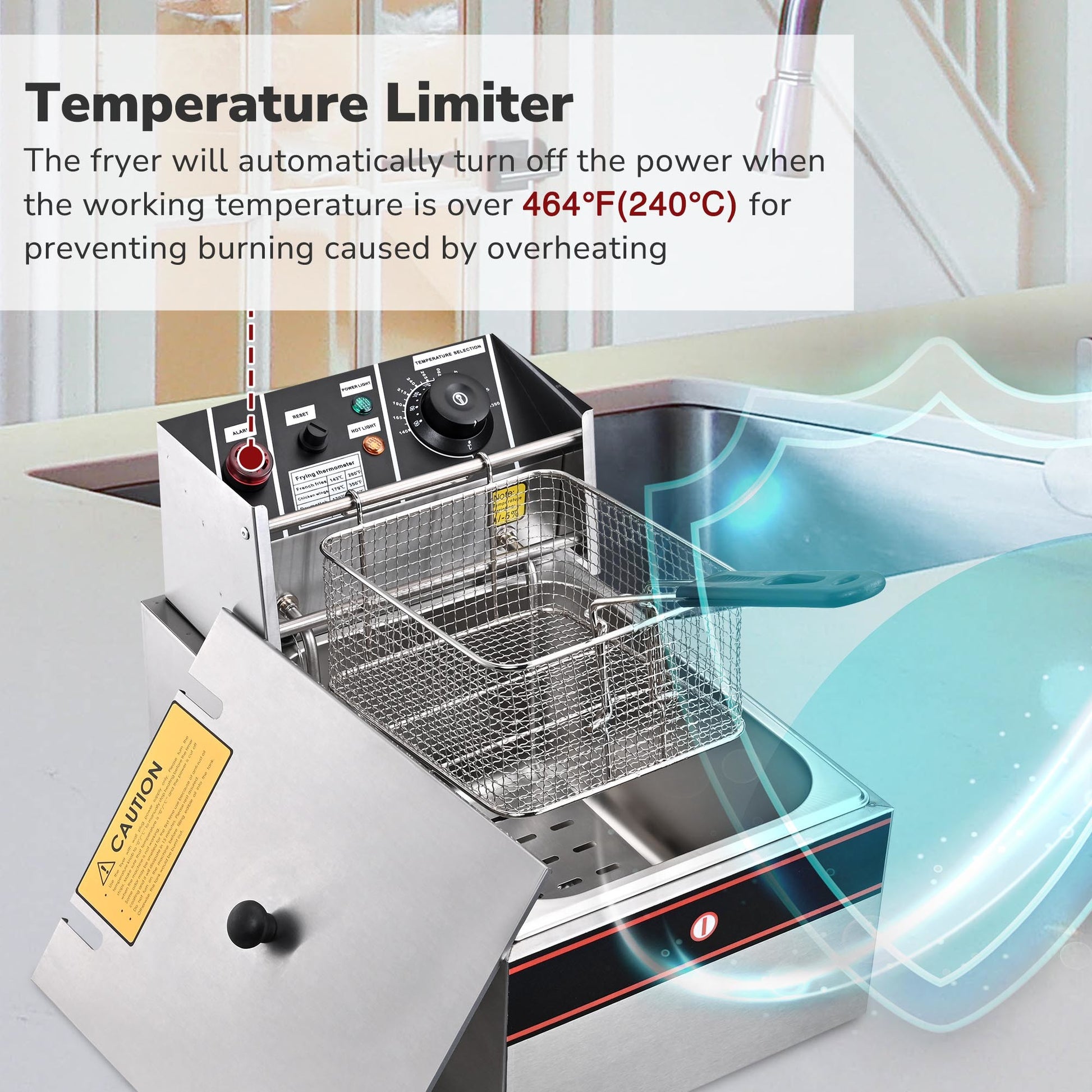 Deep Fryer displaying the safety features such as automatic temperature shut off. Front view