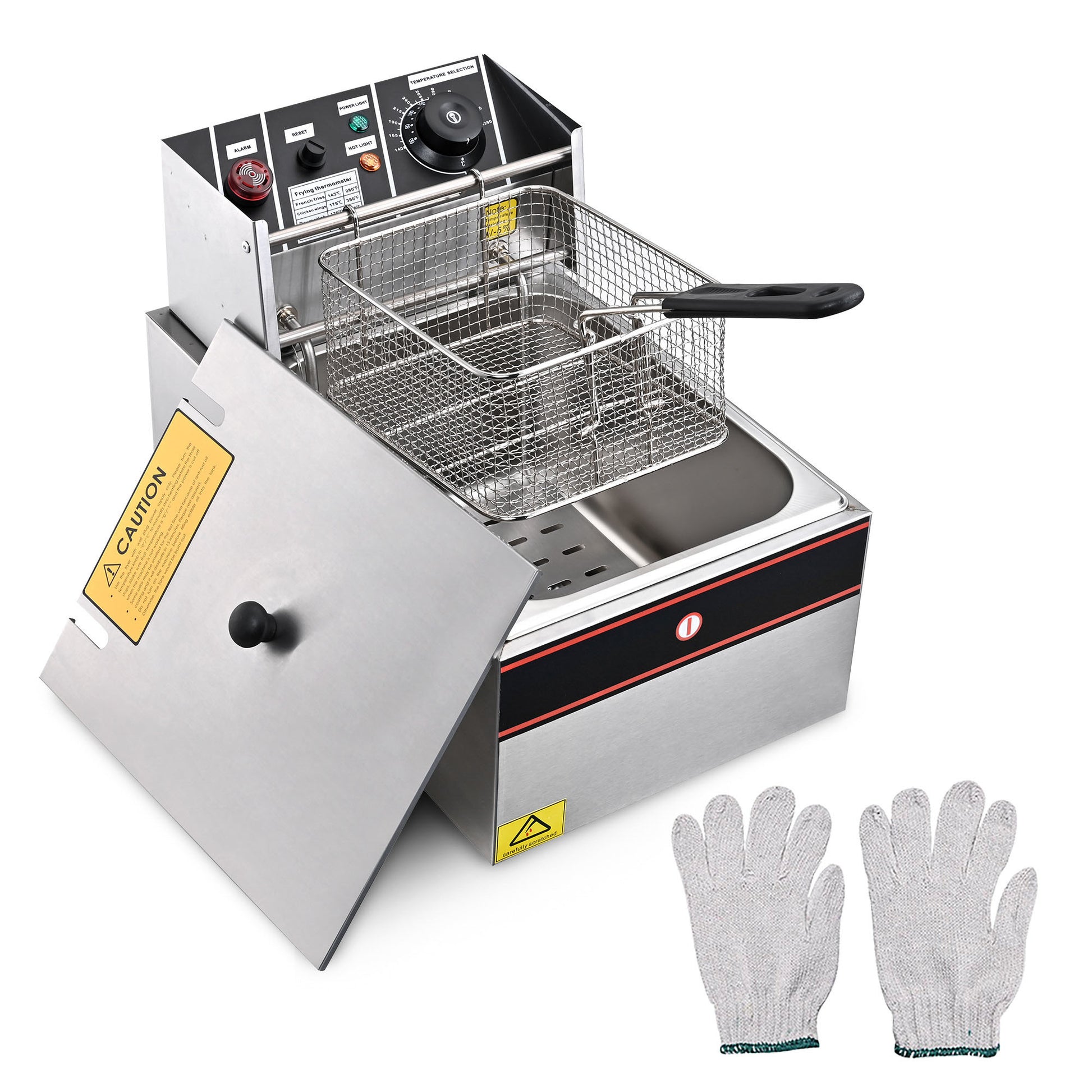 "Front view of a Wechef Deep Fryer, showcasing its sleek design and functional features such as the adjustable temperature knobs and the large frying basket with Safety gloves."