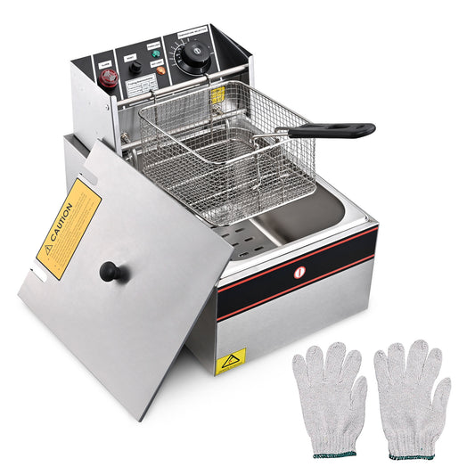 "Front view of a Wechef Deep Fryer, showcasing its sleek design and functional features such as the adjustable temperature knobs and the large frying basket with Safety gloves."