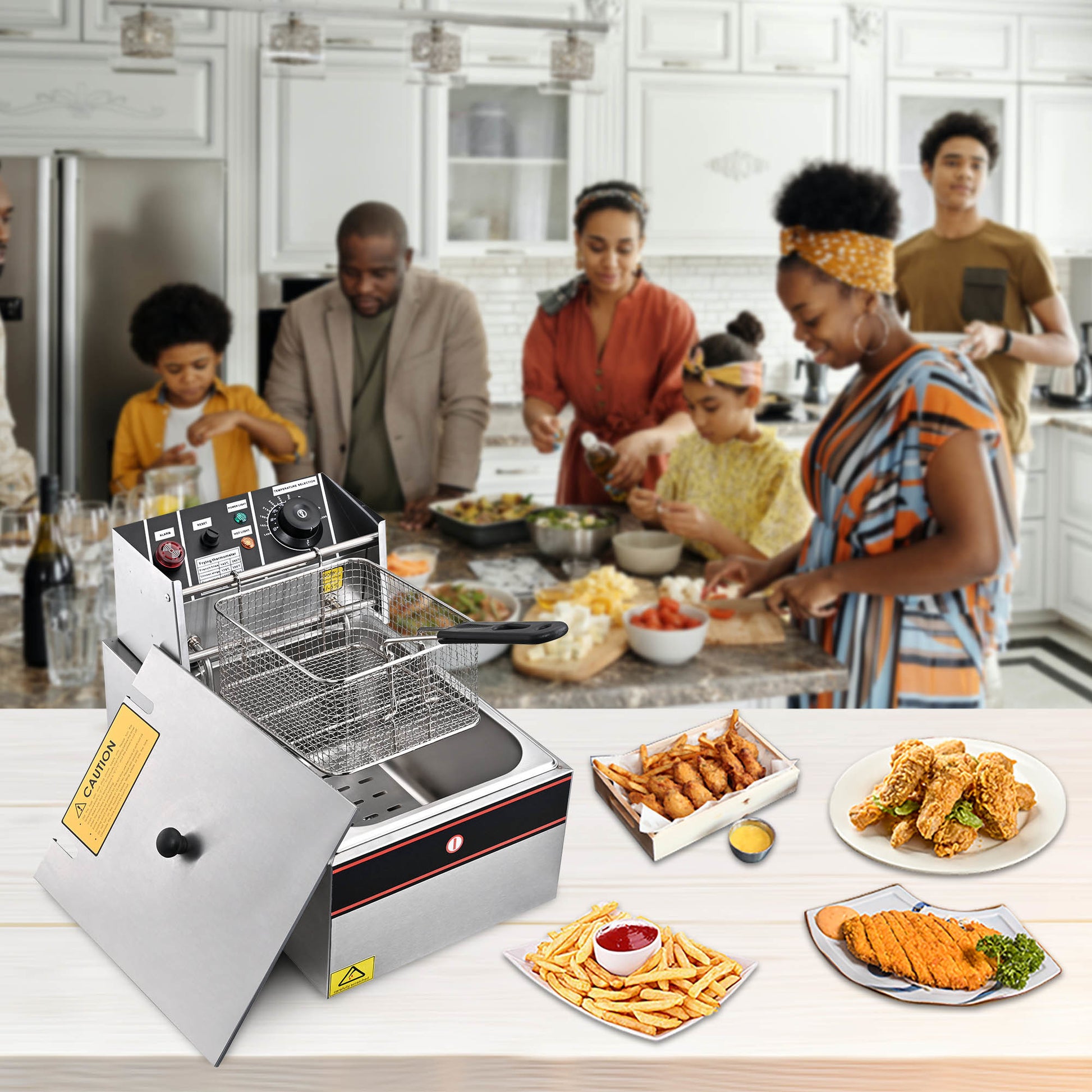 "Front view of a Wechef Deep Fryer, showcasing its sleek design and functional features such as the adjustable temperature knobs and the large frying basket." displaying a family having lunch in the background with examples of all the food items you can cook.