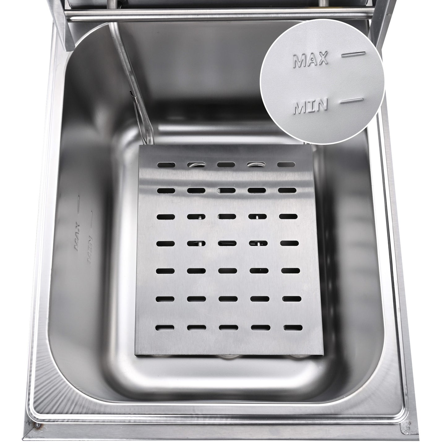 Deep Fryer displaying the oil pan with the oil capacity limits.