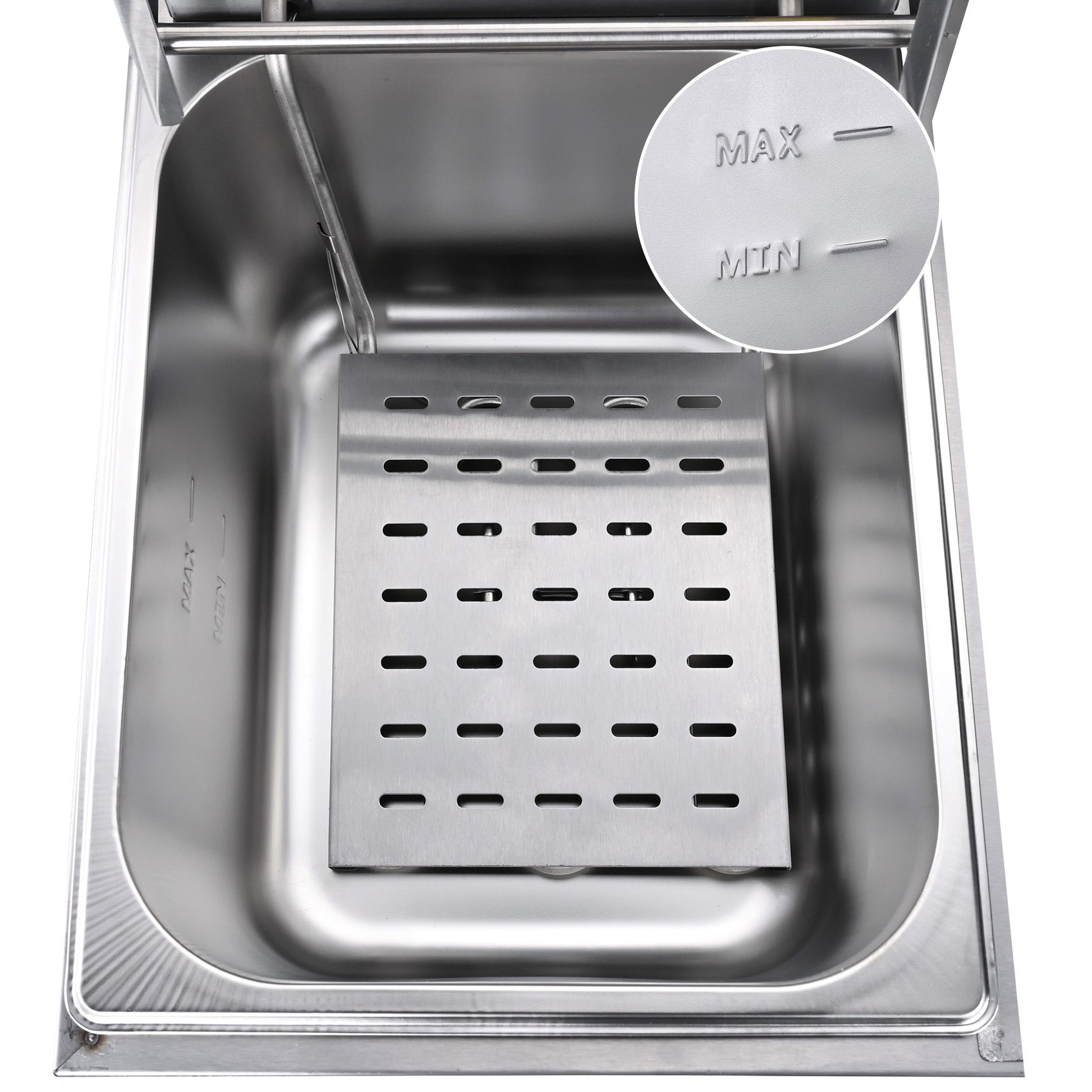 Deep Fryer displaying the oil pan with the oil capacity limits.