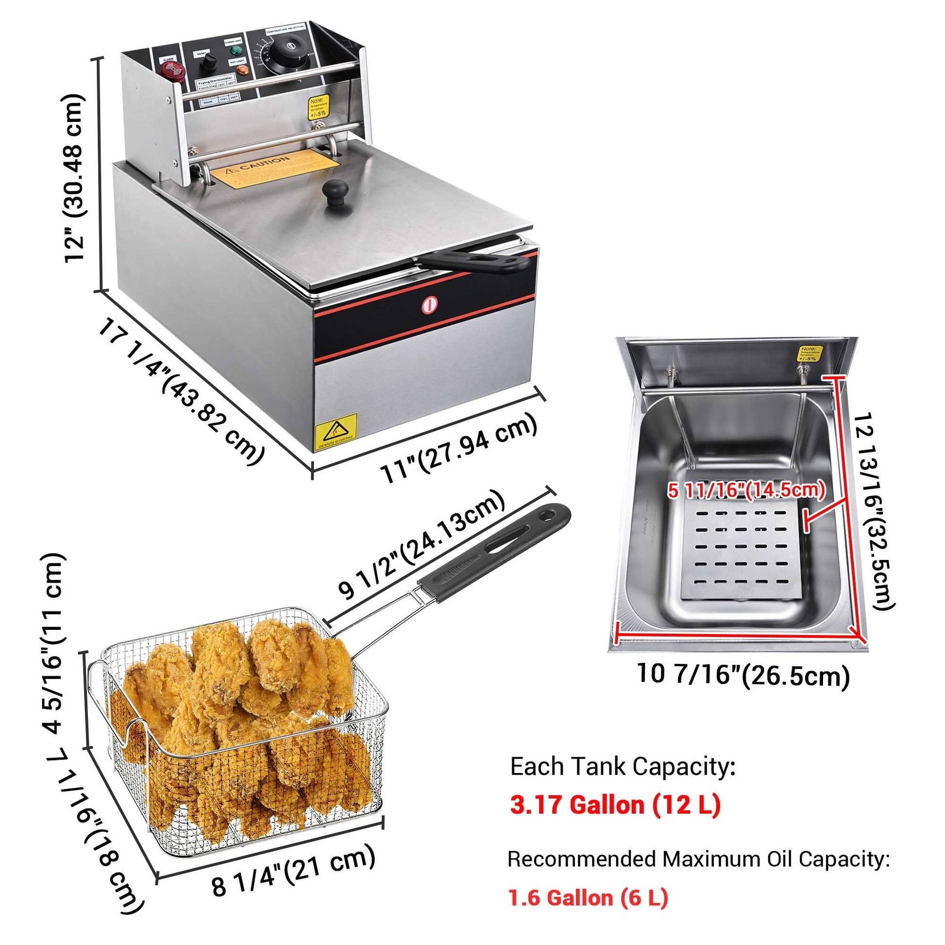 Deep fryer displaying all specifications and sizes with the tank and basket capacities.
